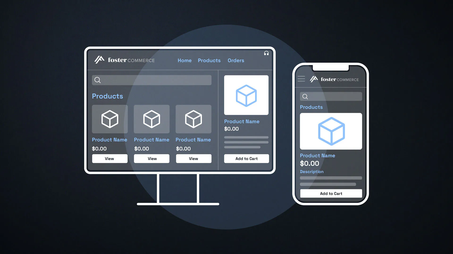 Illustration of a B2B ecommerce website layout highlighting user-friendly features like easy navigation, product information, site search, and customer support tools across desktop and mobile views.